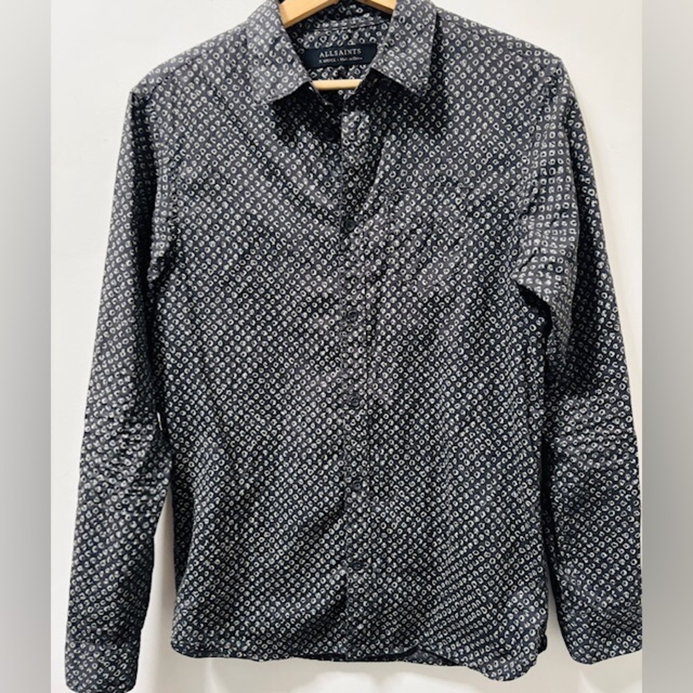 All Saints Black & White Geometric Super Lightweight Long Sleeve Men's Shirt XS
